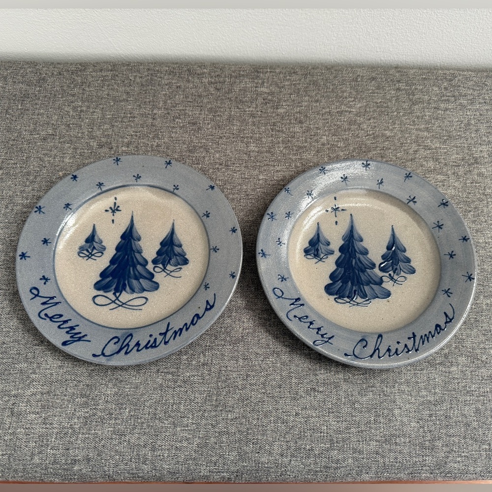 Rowe Pottery Works Blue Salt Glaze Clay Merry Christmas Salad Plates 8.75" Trees